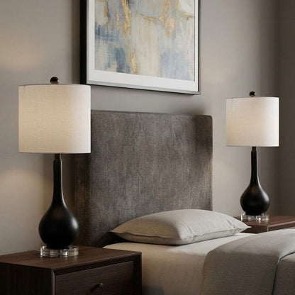 Set of Two 25" Black And Clear Gourd Table Lamps With Drum Shades