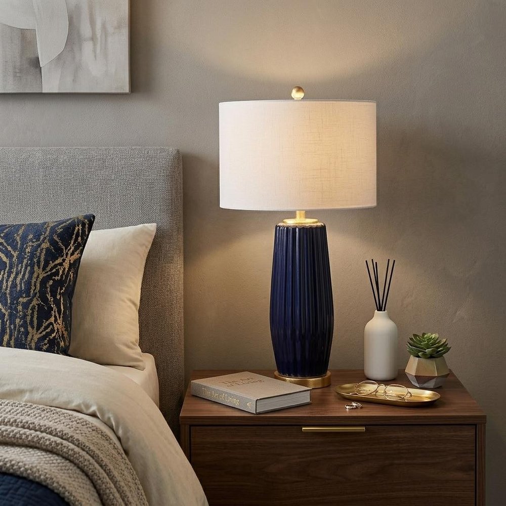 29" Navy Blue And Gold Table Lamp With Drum Shade HomeRoots