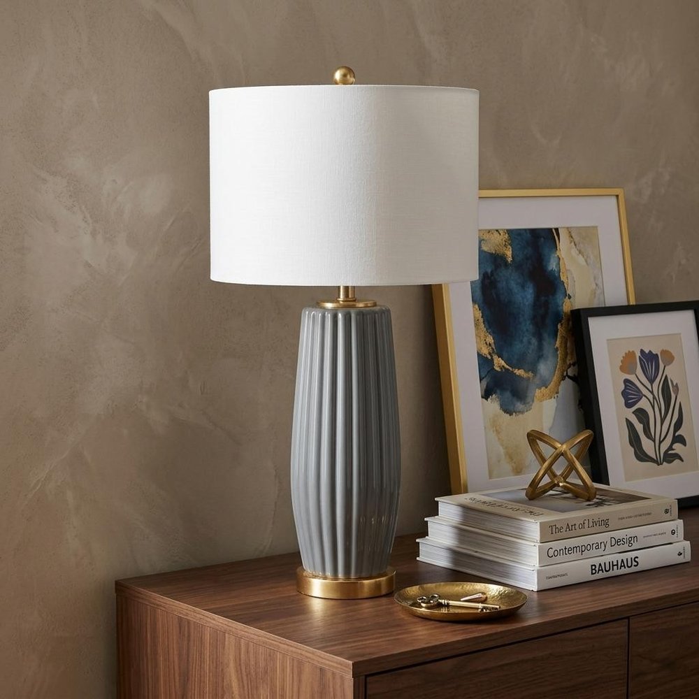 29" Dark Gray And Gold Table Lamp With Drum Shade HomeRoots