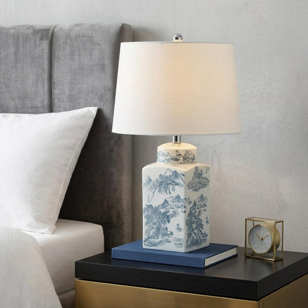 25" Blue And White Table Lamp With Drum Shade HomeRoots