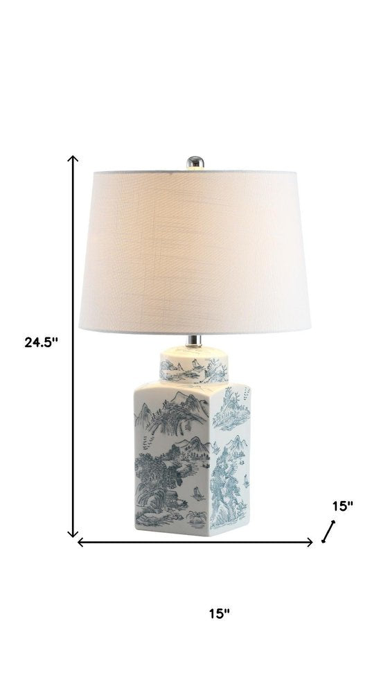 25" Blue And White Table Lamp With Drum Shade HomeRoots