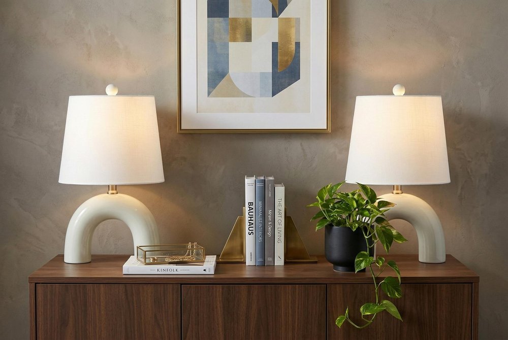 Set of Two 18" White Geometric Arched Lamps With Empire Shades — view 6