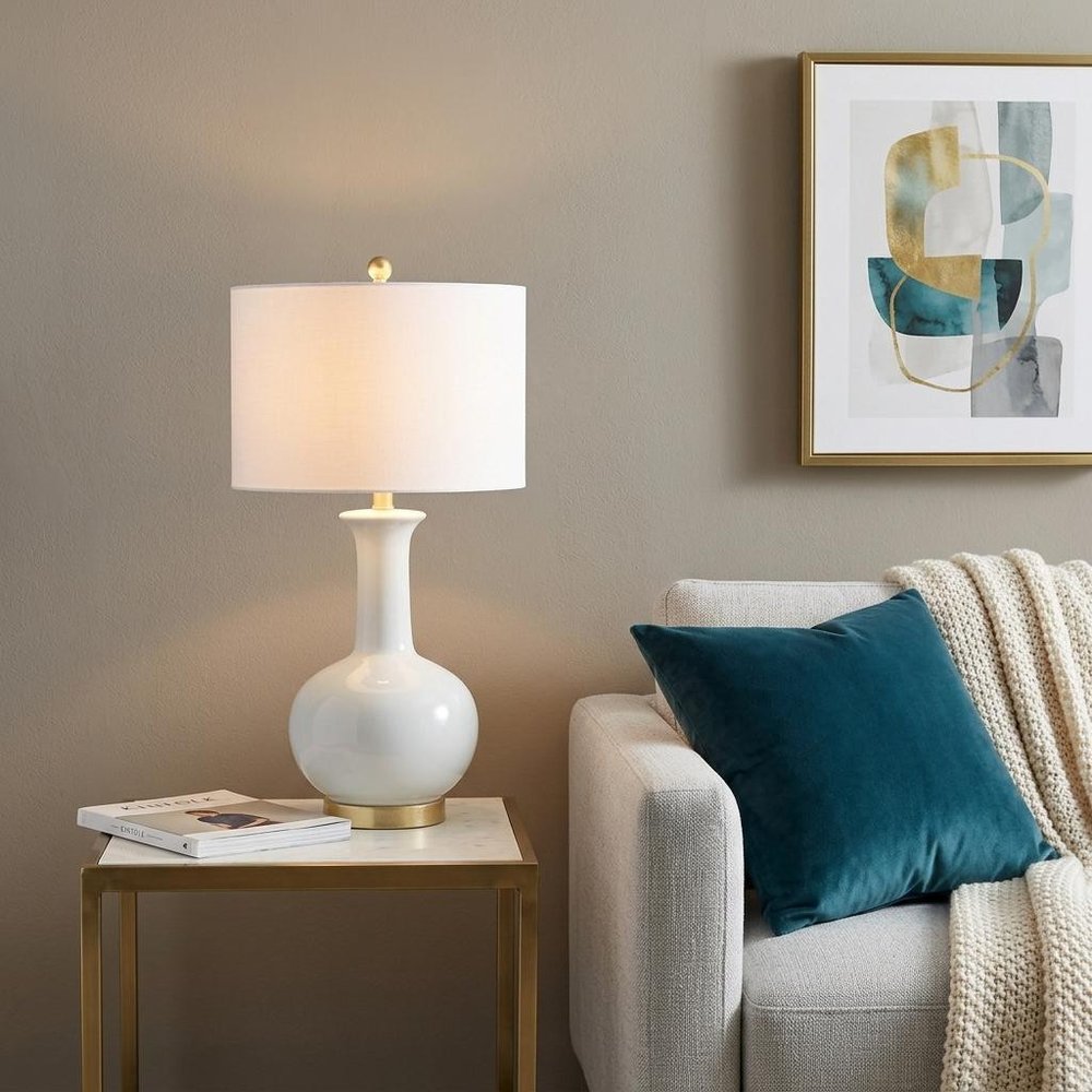 27" White And Gold Novelty Table Lamp With Drum Shade HomeRoots
