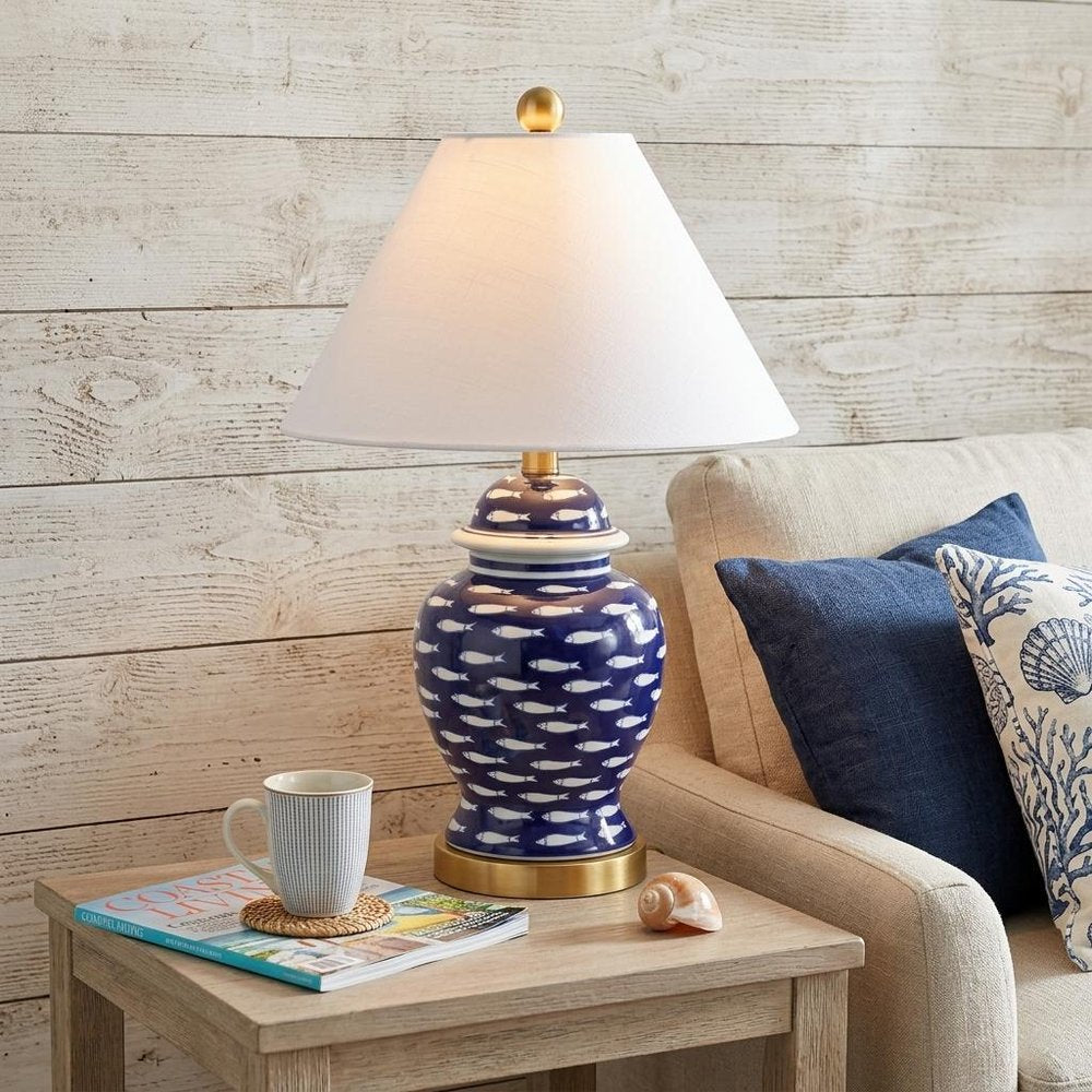 22" Navy Blue White And Gold Urn Table Lamp With Empire Shade HomeRoots