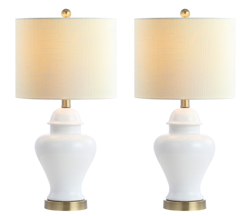 Set of Two 22" White And Gold Urn Bedside Lamps With Drum Shades — view 1
