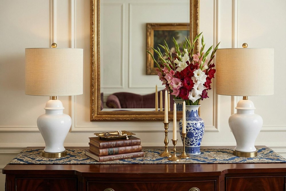Set of Two 22" White And Gold Urn Bedside Lamps With Drum Shades — view 7