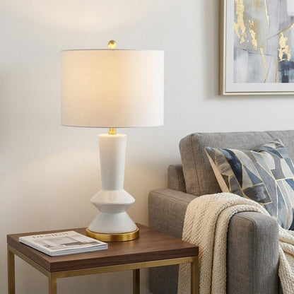 27" White And Gold Geometric Table Lamp With Drum Shade HomeRoots