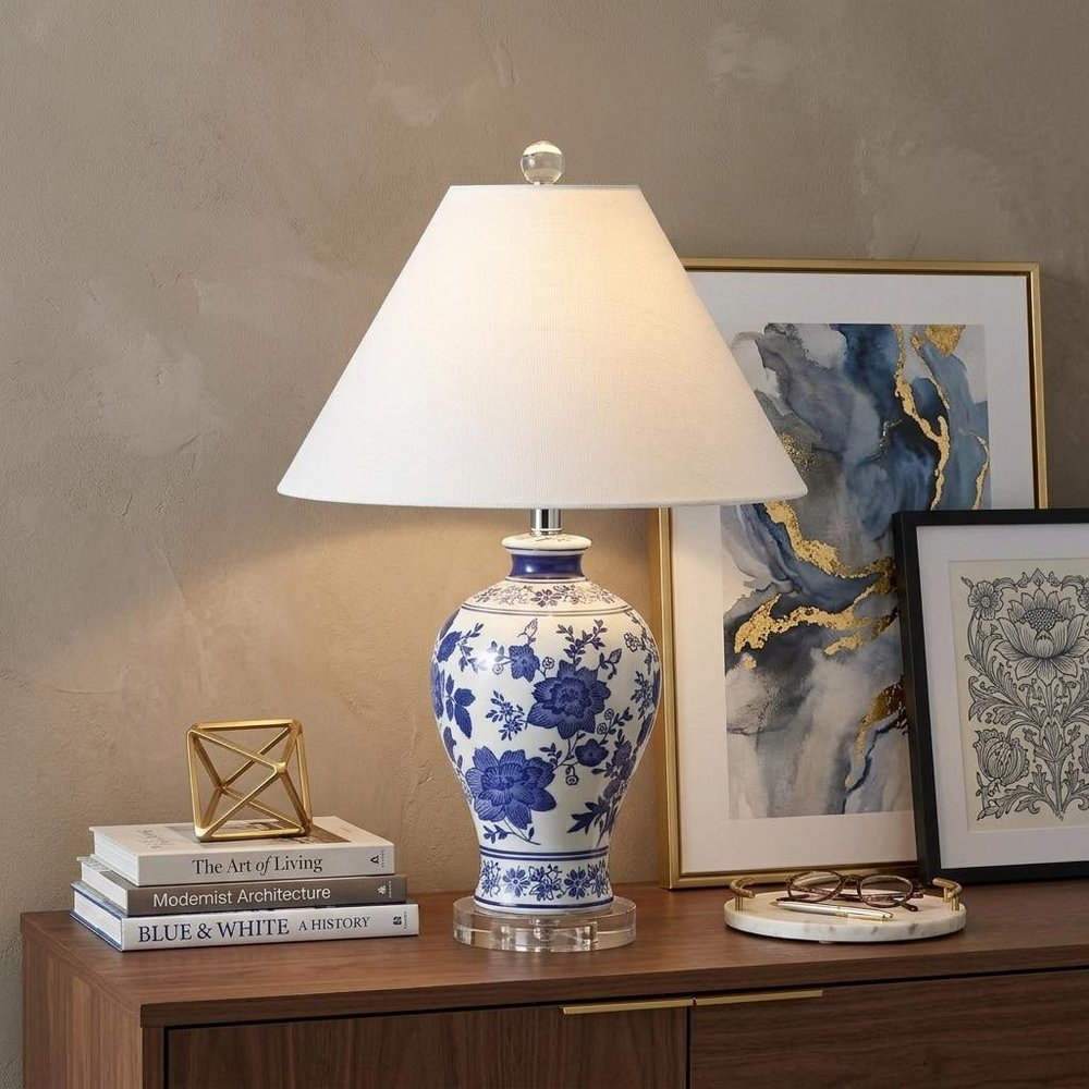 22" Navy Blue Gold And White Urn Table Lamp With Empire Shade HomeRoots