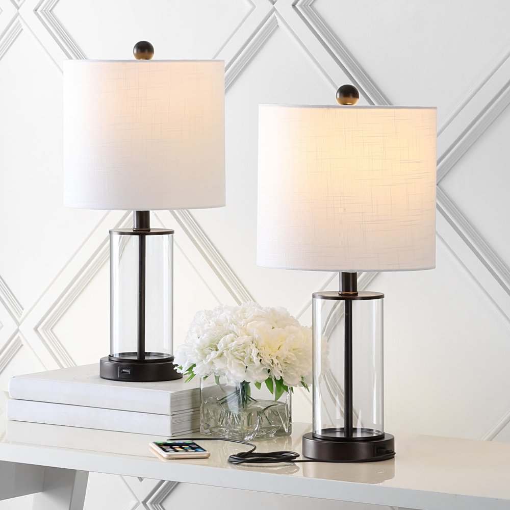 Set of Two 21" Antiqued Bronze USB Table Lamps With Drum Shades — view 1