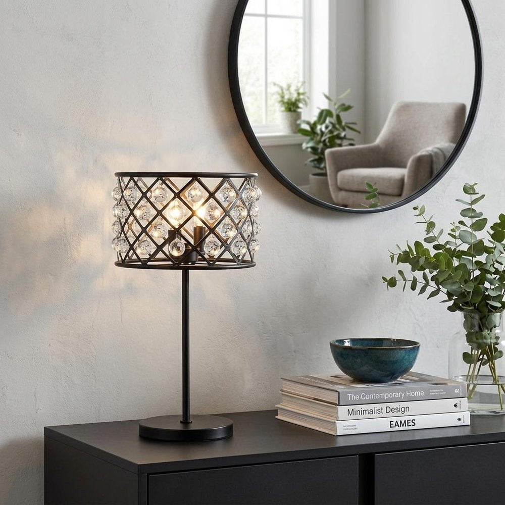 23" Antiqued Bronze Geometric Table Lamp With Drum Shade HomeRoots