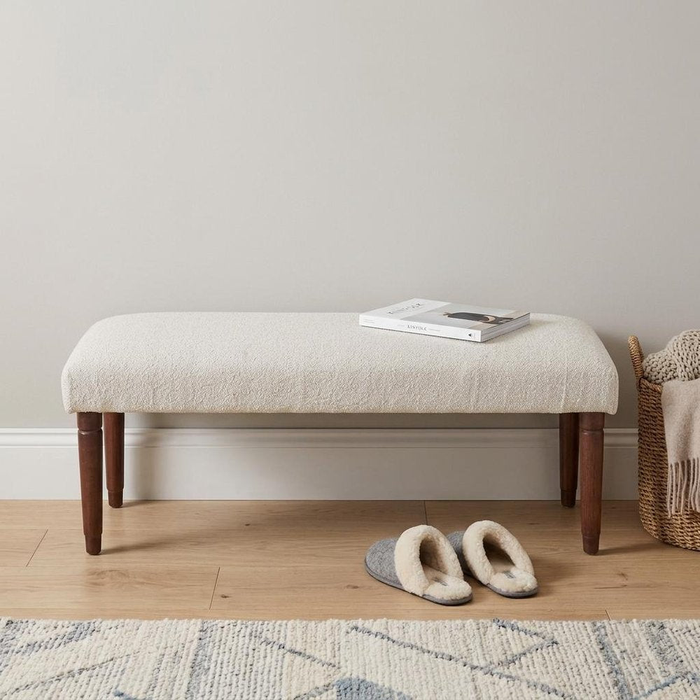 47" Cream and Brown Boucle and Solid Wood Upholstered Bench — view 1