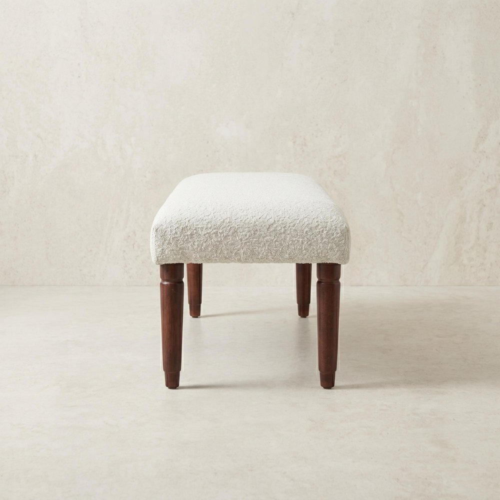 47" Cream and Brown Boucle and Solid Wood Upholstered Bench — view 3