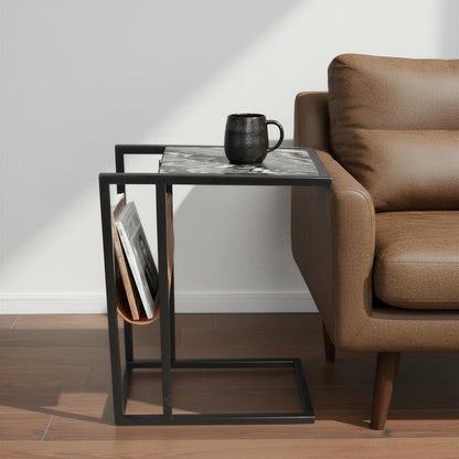 25" Gray Black and Brown Marble and Iron End Table With Magazine Holder