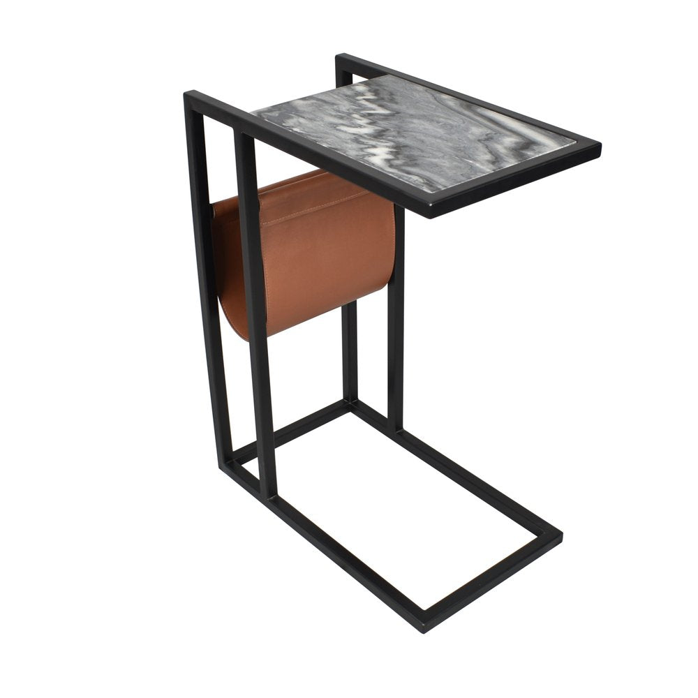 25" Gray Black and Brown Marble and Iron End Table With Magazine Holder — view 2