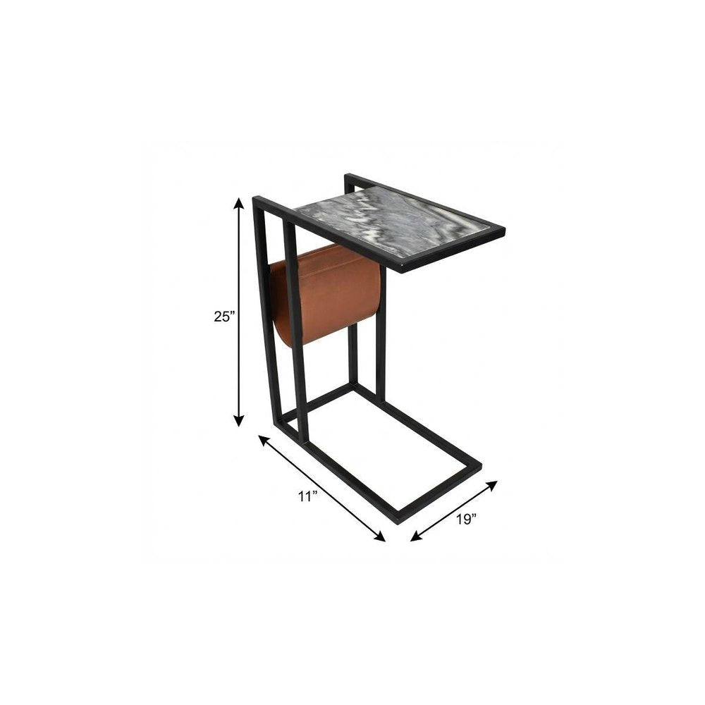25" Gray Black and Brown Marble and Iron End Table With Magazine Holder — view 7