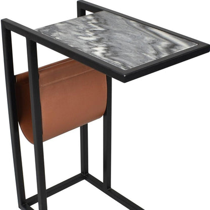 25" Gray Black and Brown Marble and Iron End Table With Magazine Holder HomeRoots