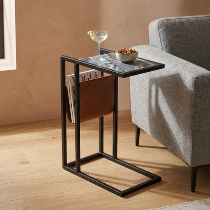 25" Gray Black and Brown Marble and Iron End Table With Magazine Holder HomeRoots