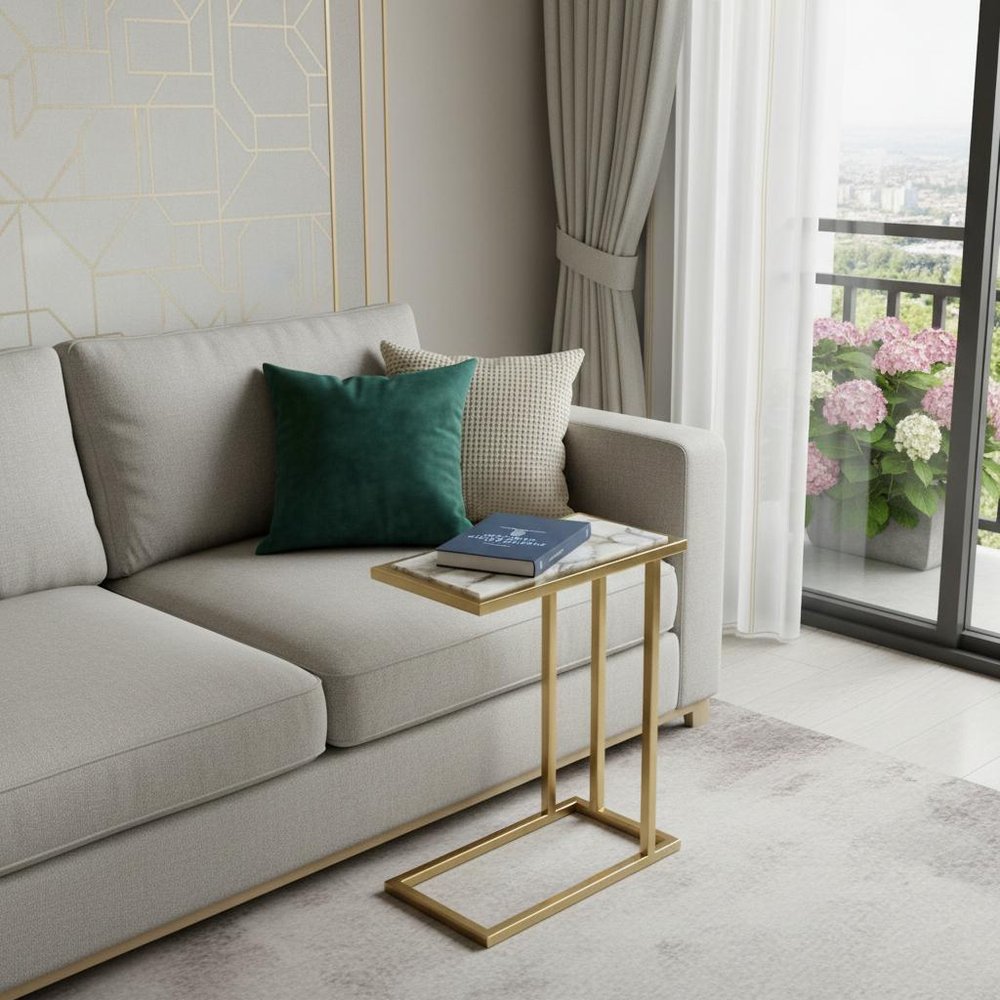 24" Gold and Ivory Marble and Iron End Table — view 8