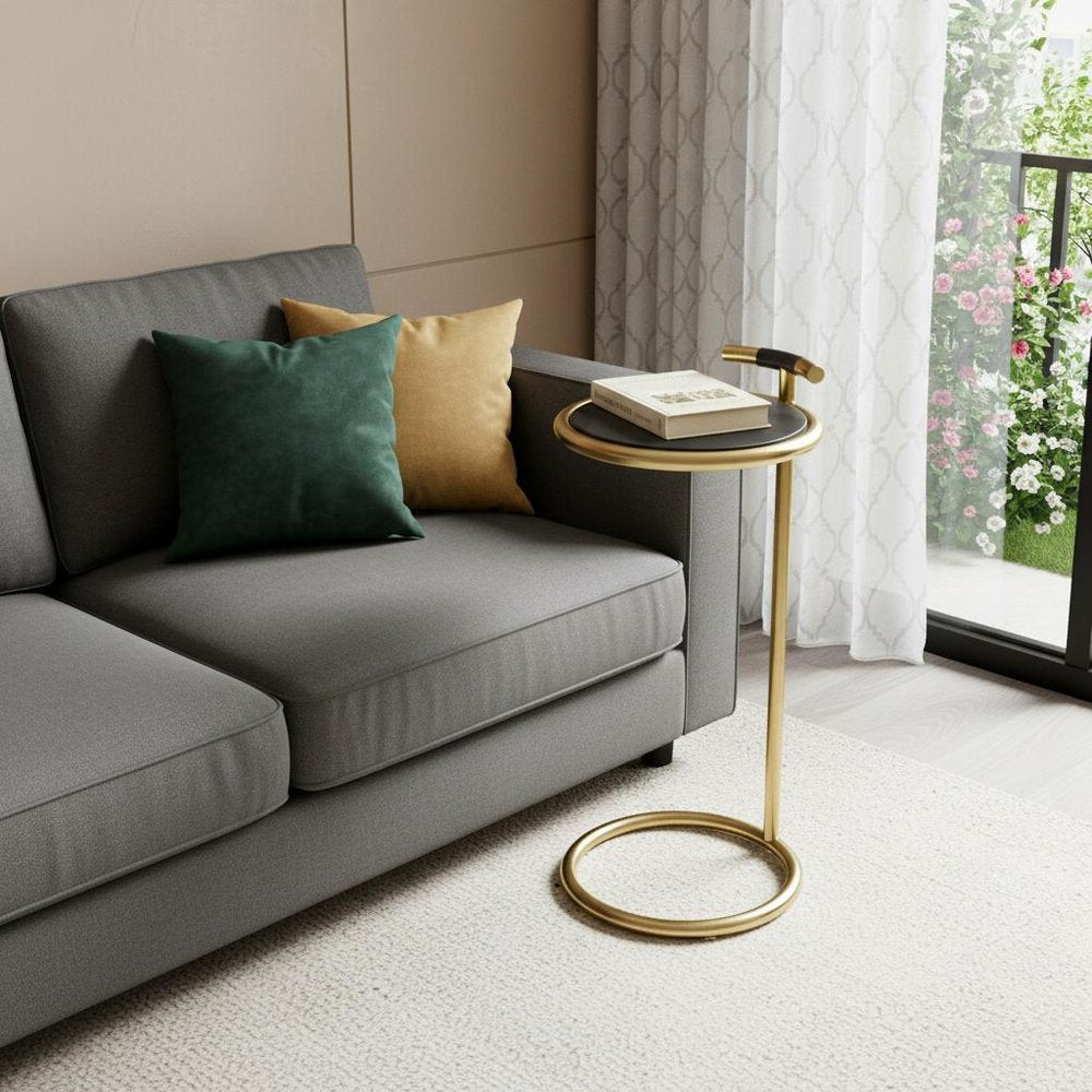 24" Black and Gold Leather and Aluminum Round End Table — view 5