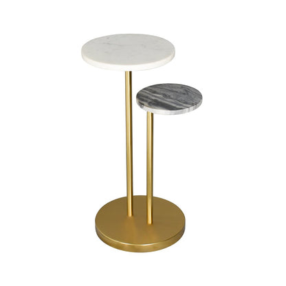 22" Black White and Gold Marble and Iron Round Pedestal End Table