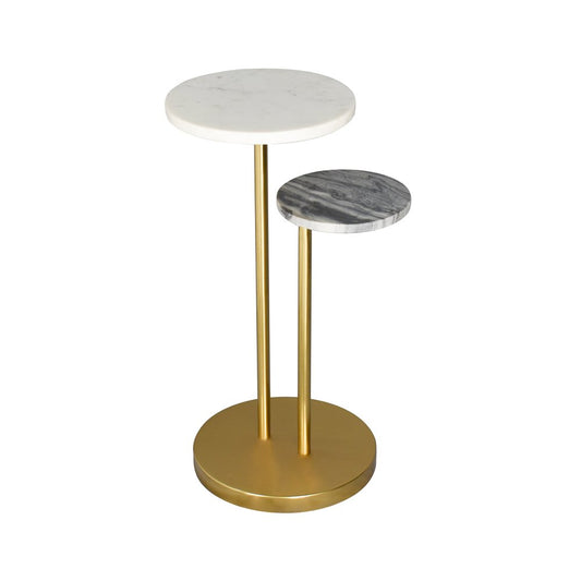 22" Black White and Gold Marble and Iron Round Pedestal End Table