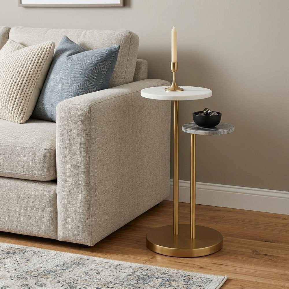 22" Black White and Gold Marble and Iron Round Pedestal End Table — view 3