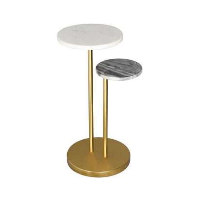 22" Black White and Gold Marble and Iron Round Pedestal End Table