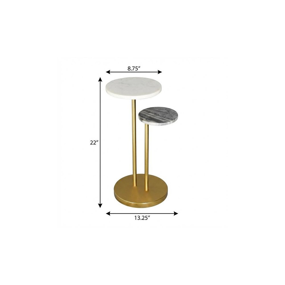 22" Black White and Gold Marble and Iron Round Pedestal End Table — view 2