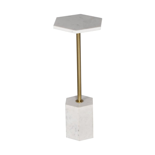 23" White and Gold Marble and Iron Hexagonal Pedestal End Table