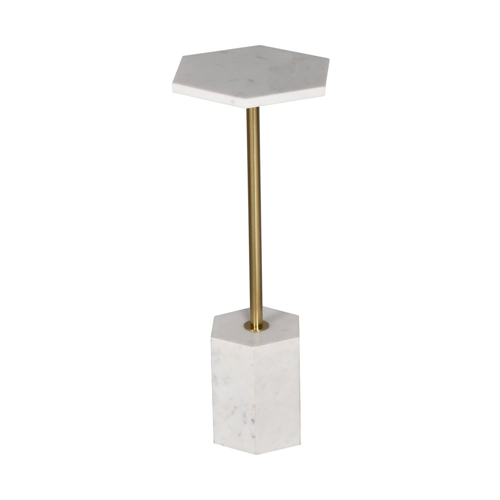 23" White and Gold Marble and Iron Hexagonal Pedestal End Table — view 1