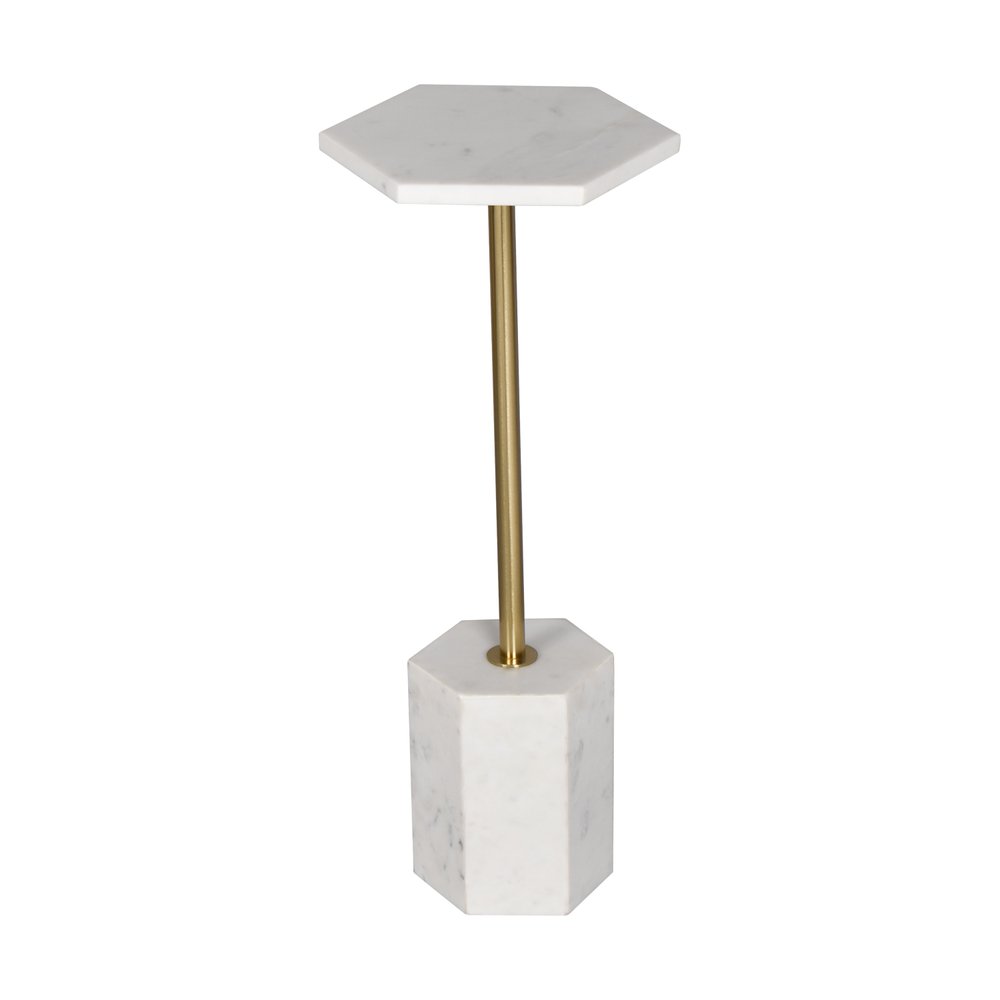 23" White and Gold Marble and Iron Hexagonal Pedestal End Table — view 2