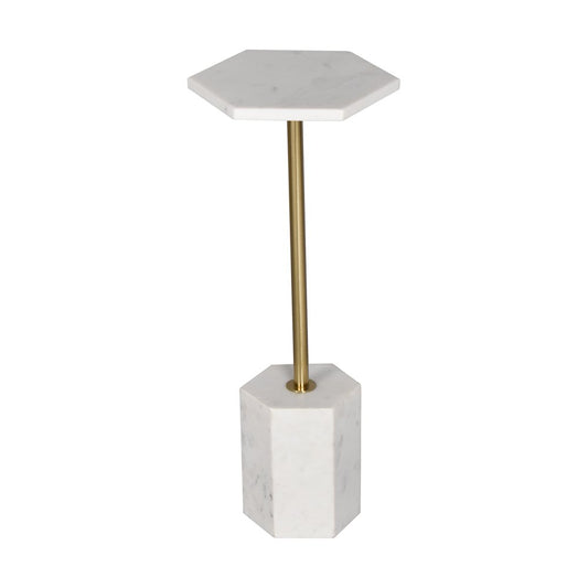 23" White and Gold Marble and Iron Hexagonal Pedestal End Table