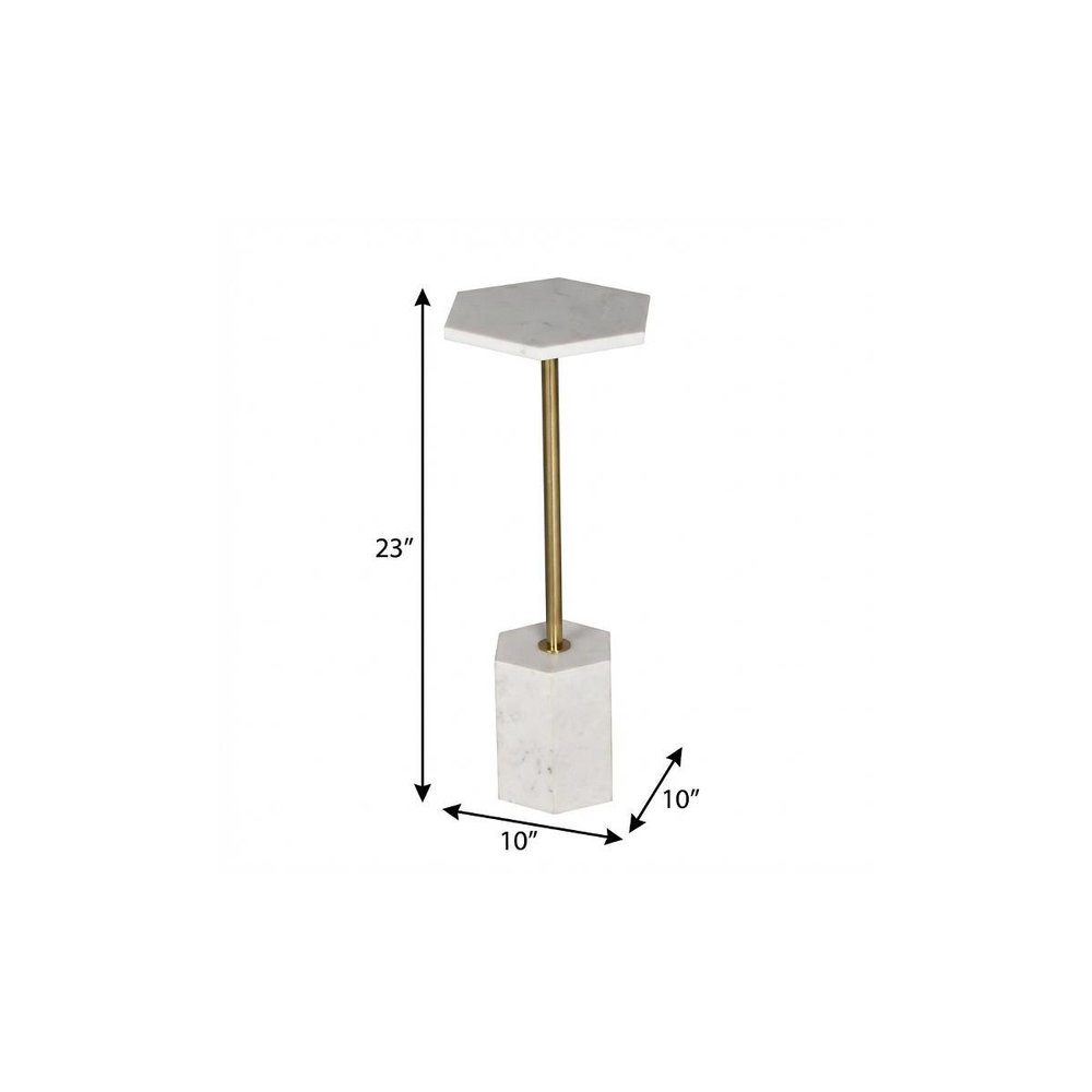 23" White and Gold Marble and Iron Hexagonal Pedestal End Table — view 3