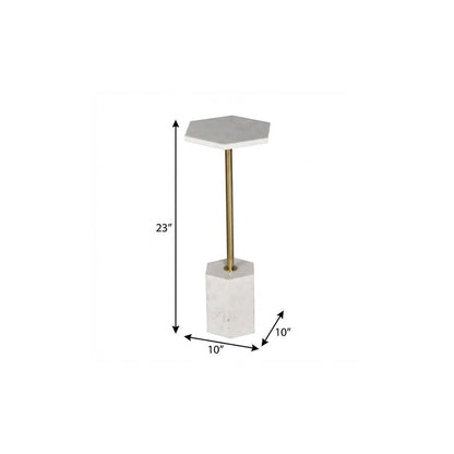 23" White and Gold Marble and Iron Hexagonal Pedestal End Table