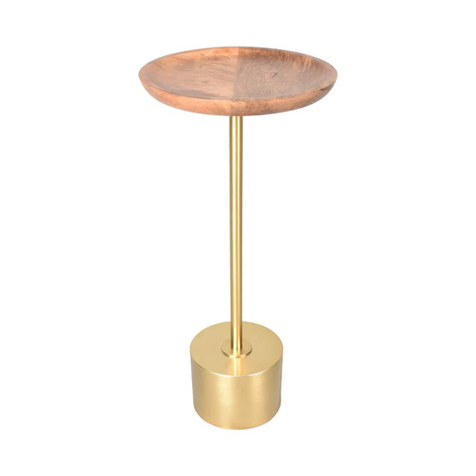 24" Brown and Gold Solid Wood and Aluminum Round Pedestal End Table