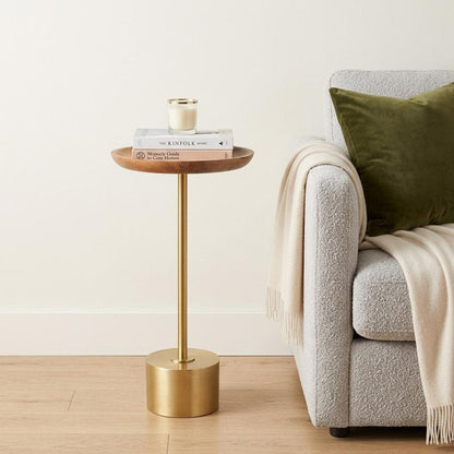 24" Brown and Gold Solid Wood and Aluminum Round Pedestal End Table HomeRoots