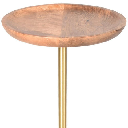 24" Brown and Gold Solid Wood and Aluminum Round Pedestal End Table HomeRoots