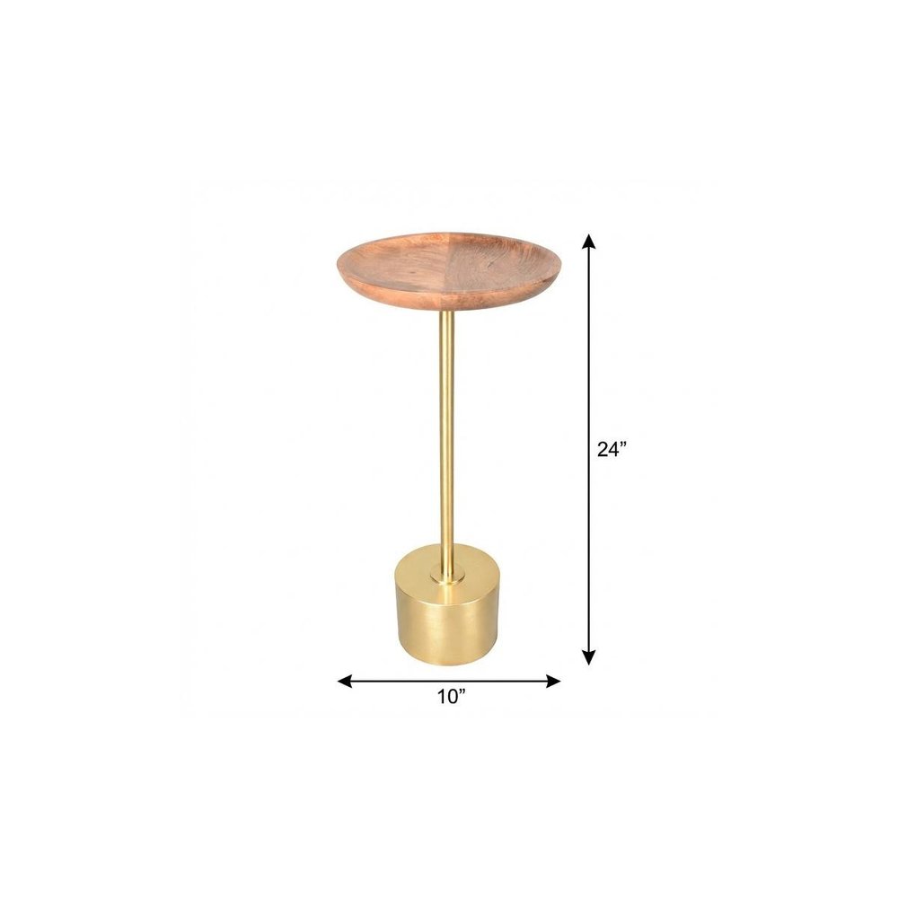 24" Brown and Gold Solid Wood and Aluminum Round Pedestal End Table — view 4