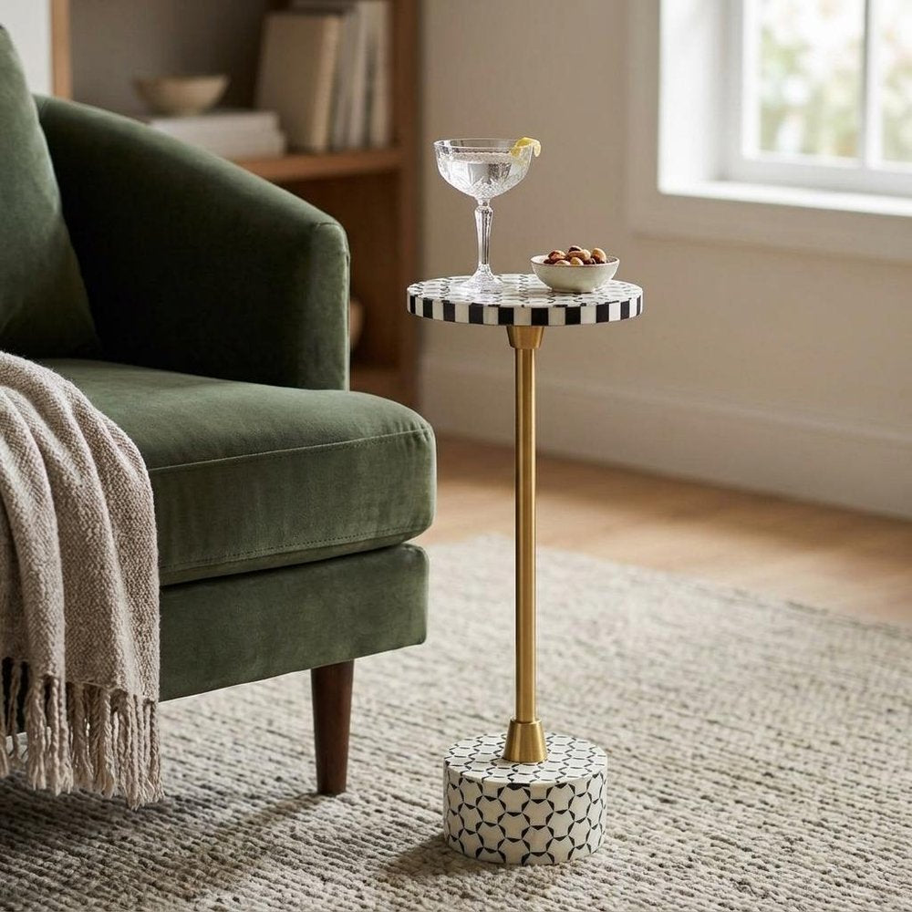 21" Black White and Gold Faux Marble and Iron Round Pedestal End Table — view 1