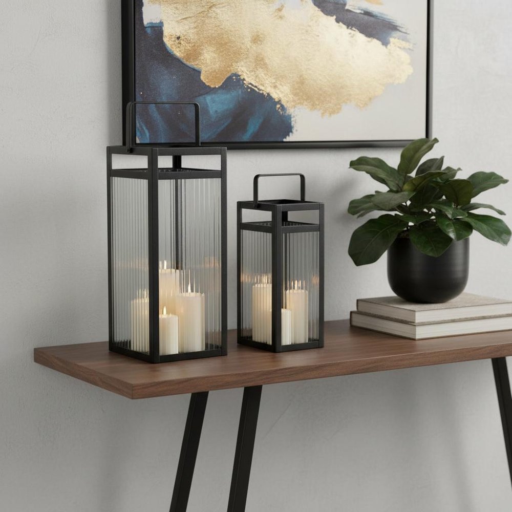 Set of Two Black Metal Floor Lantern Candle Holders HomeRoots