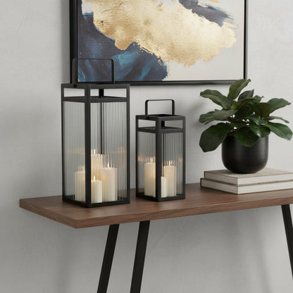 Set of Two Black Metal Floor Lantern Candle Holders HomeRoots