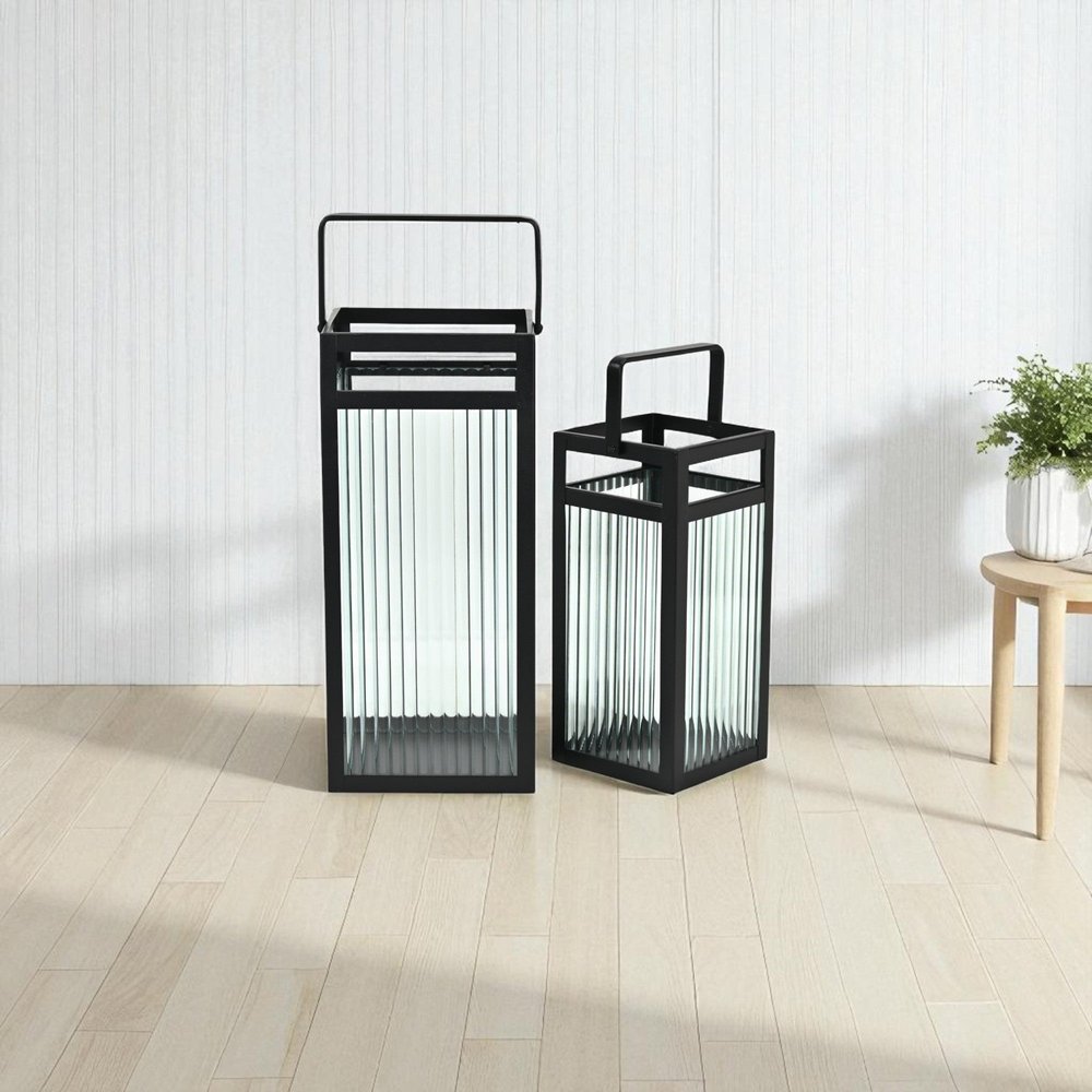 Set of Two Black Metal Floor Lantern Candle Holders HomeRoots