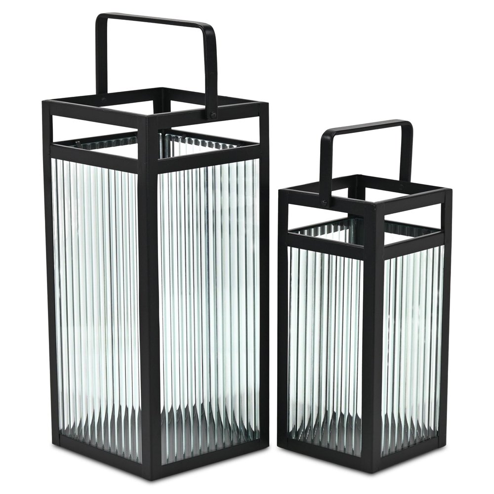 Set of Two Black Metal Floor Lantern Candle Holders HomeRoots
