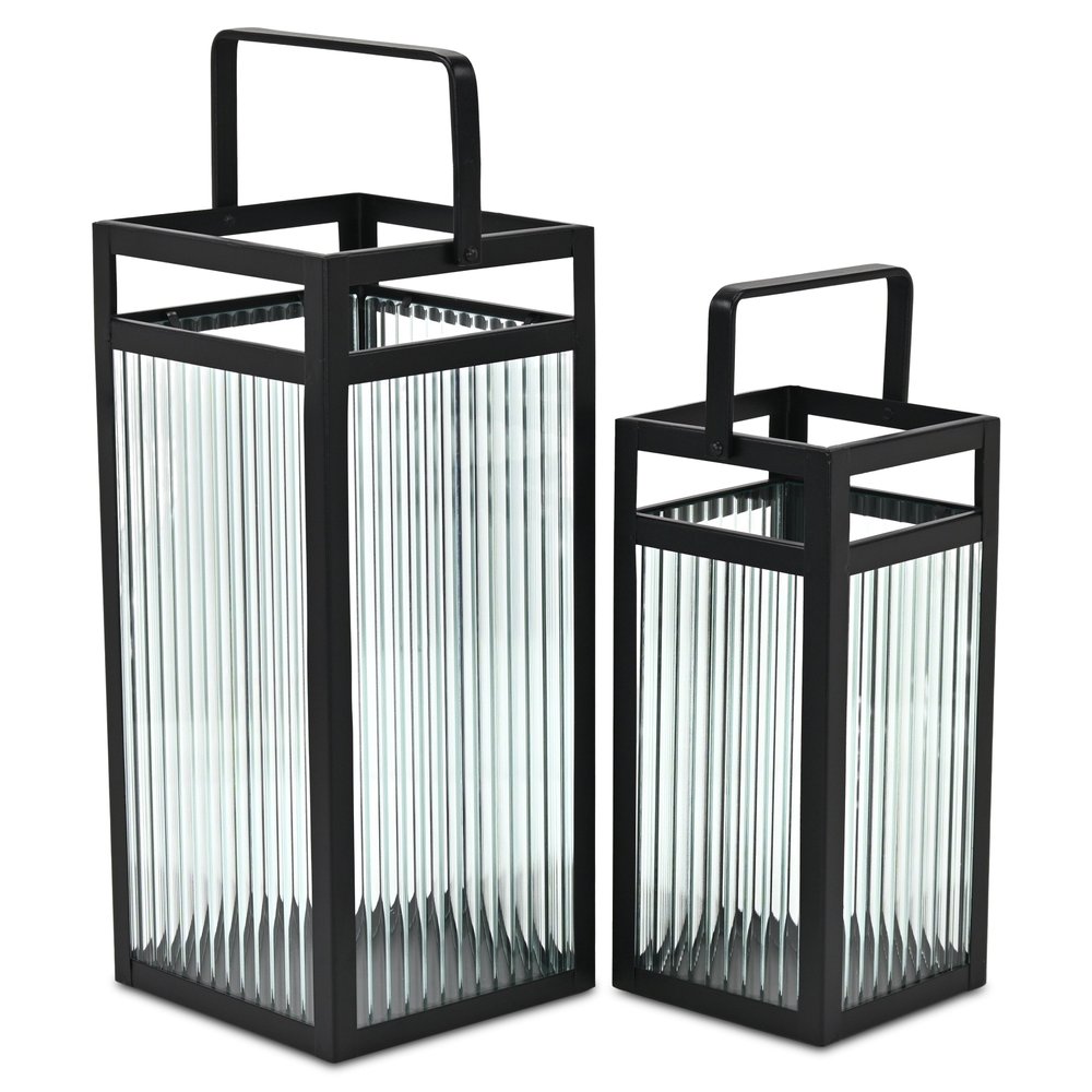 Set of Two Black Metal Floor Lantern Candle Holders HomeRoots