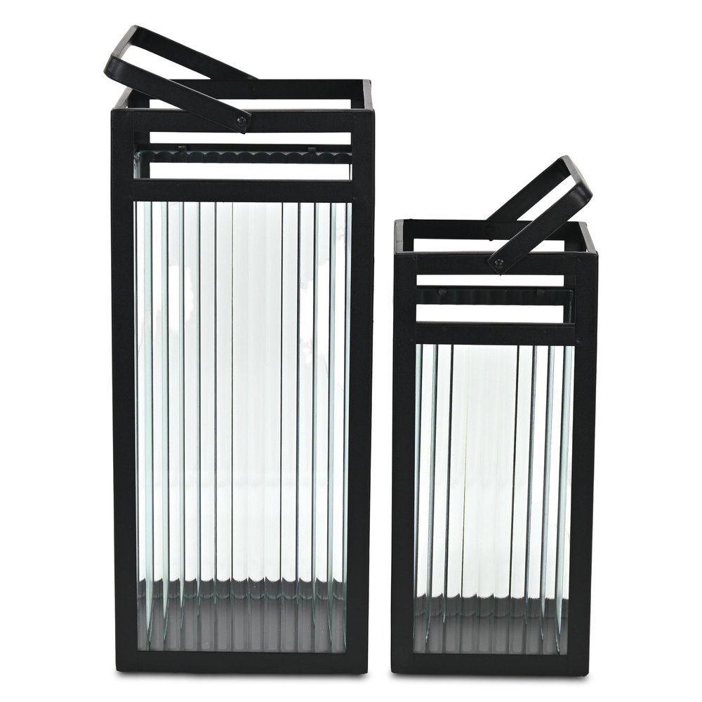 Set of Two Black Metal Floor Lantern Candle Holders HomeRoots