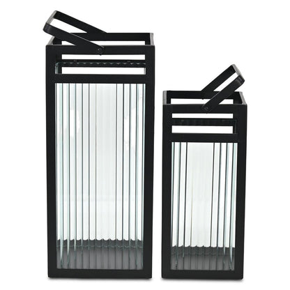 Set of Two Black Metal Floor Lantern Candle Holders HomeRoots