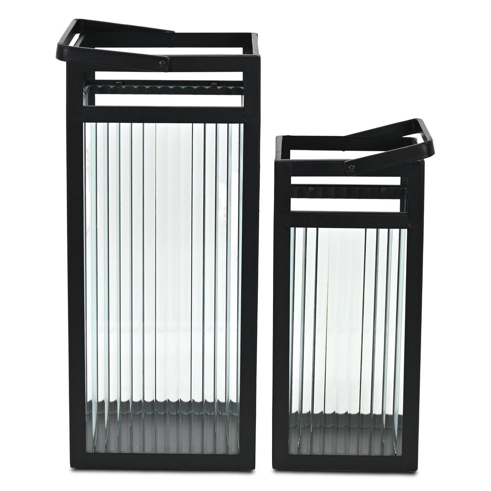 Set of Two Black Metal Floor Lantern Candle Holders HomeRoots