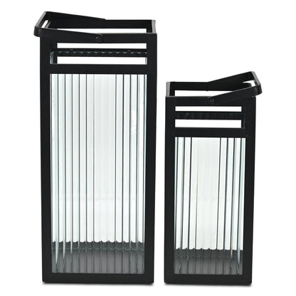 Set of Two Black Metal Floor Lantern Candle Holders HomeRoots