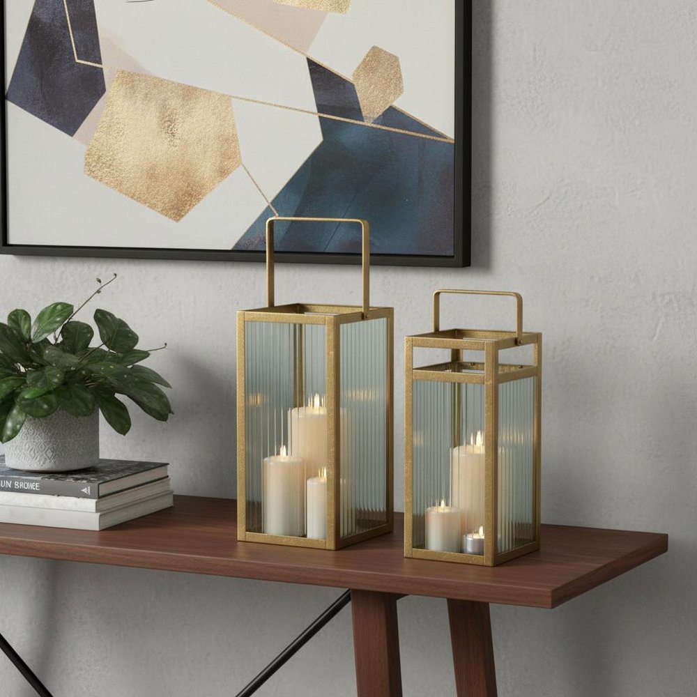 Set of Two Gold Metal Floor Lantern Candle Holders HomeRoots
