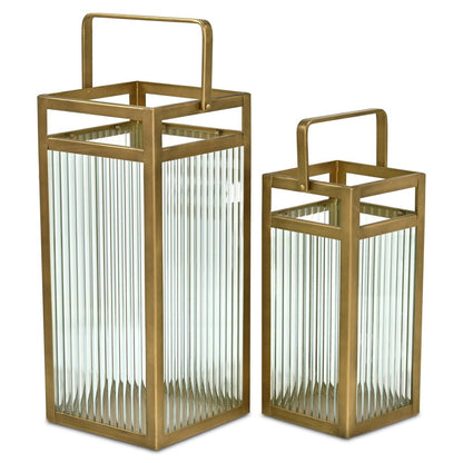 Set of Two Gold Metal Floor Lantern Candle Holders HomeRoots